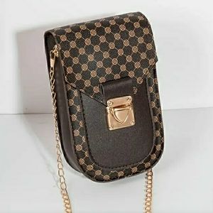 Faux Leather Geometric Pattern Phone Bag/Crossbody - Brown & Tan